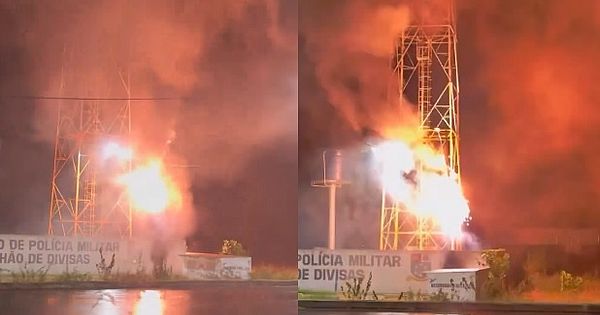 Vídeo: raio atinge torre instalada em Batalhão de Polícia e provoca incêndio, em Delmiro